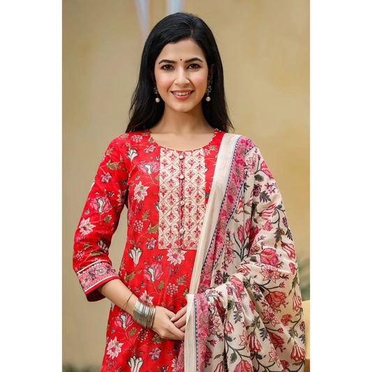 Red and cream-colored printed Kurta with Trousers and dupatta