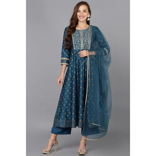 Blue Silk Blend Anarkali Kurta Pant With Dupatta