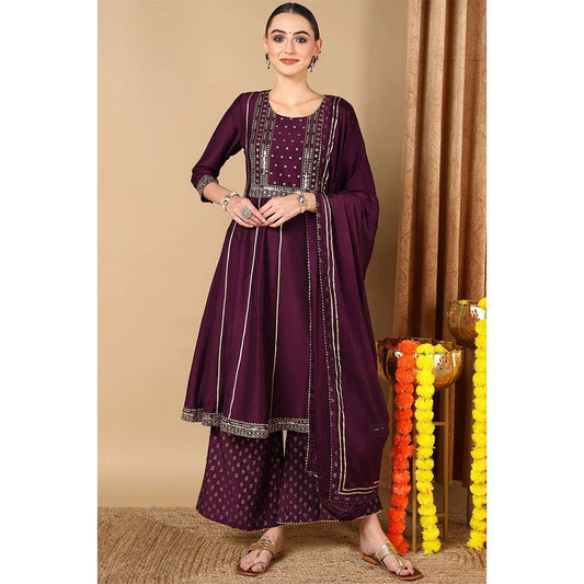 Purple Silk Blend Embroidered Anarkali Suit Set