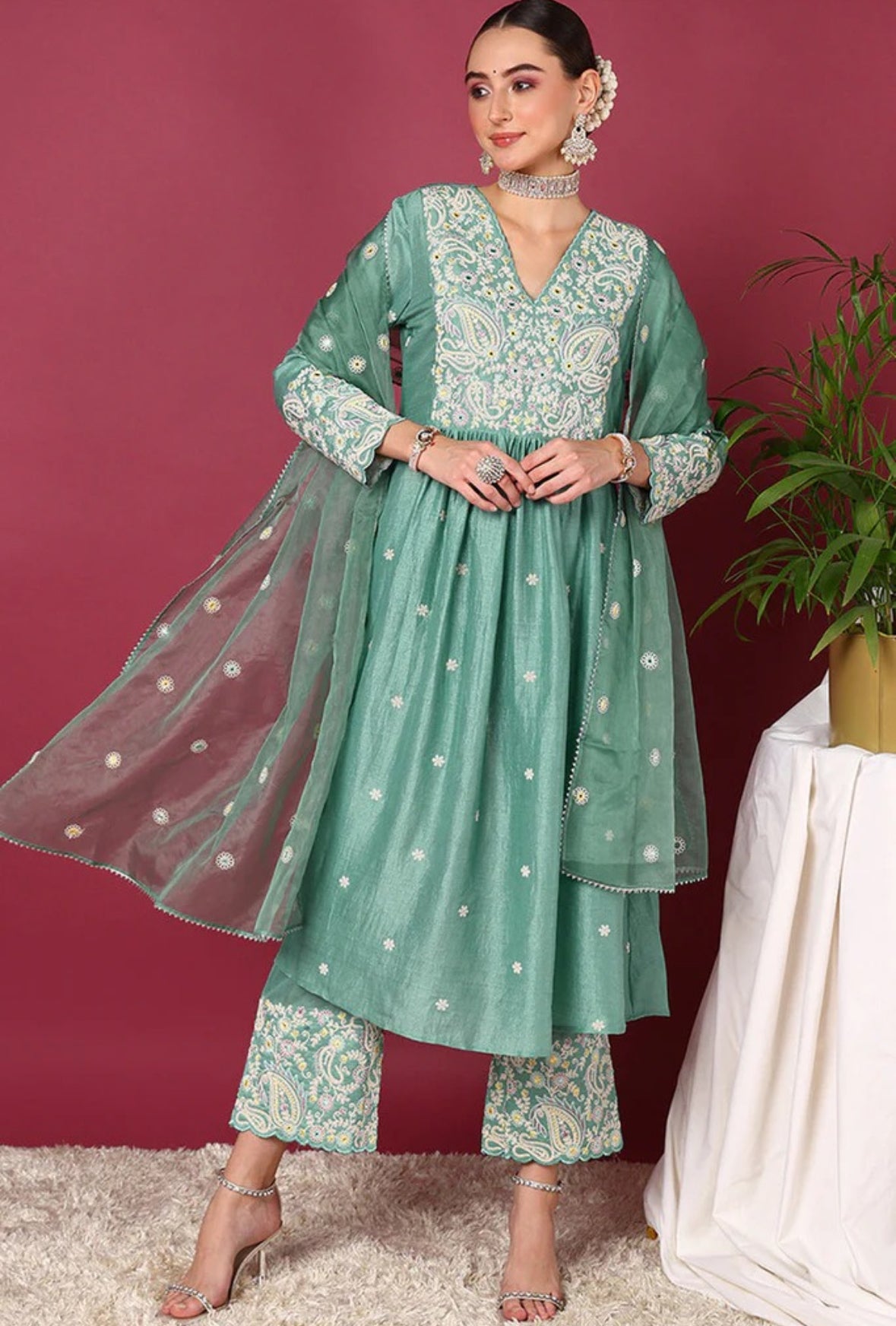 Sea Green Silk Blend Anarkali Suit Set for Diwali/Festive Wear