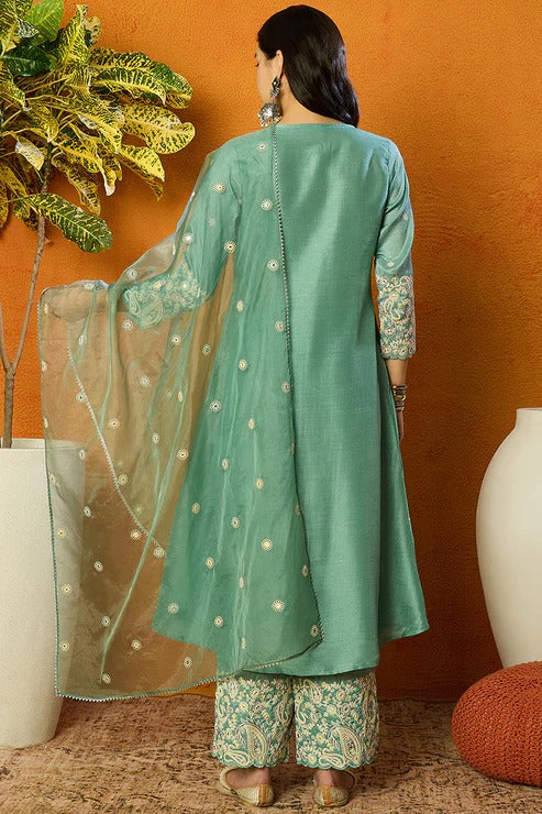 Sea Green Silk Blend Anarkali Suit Set for Diwali/Festive Wear