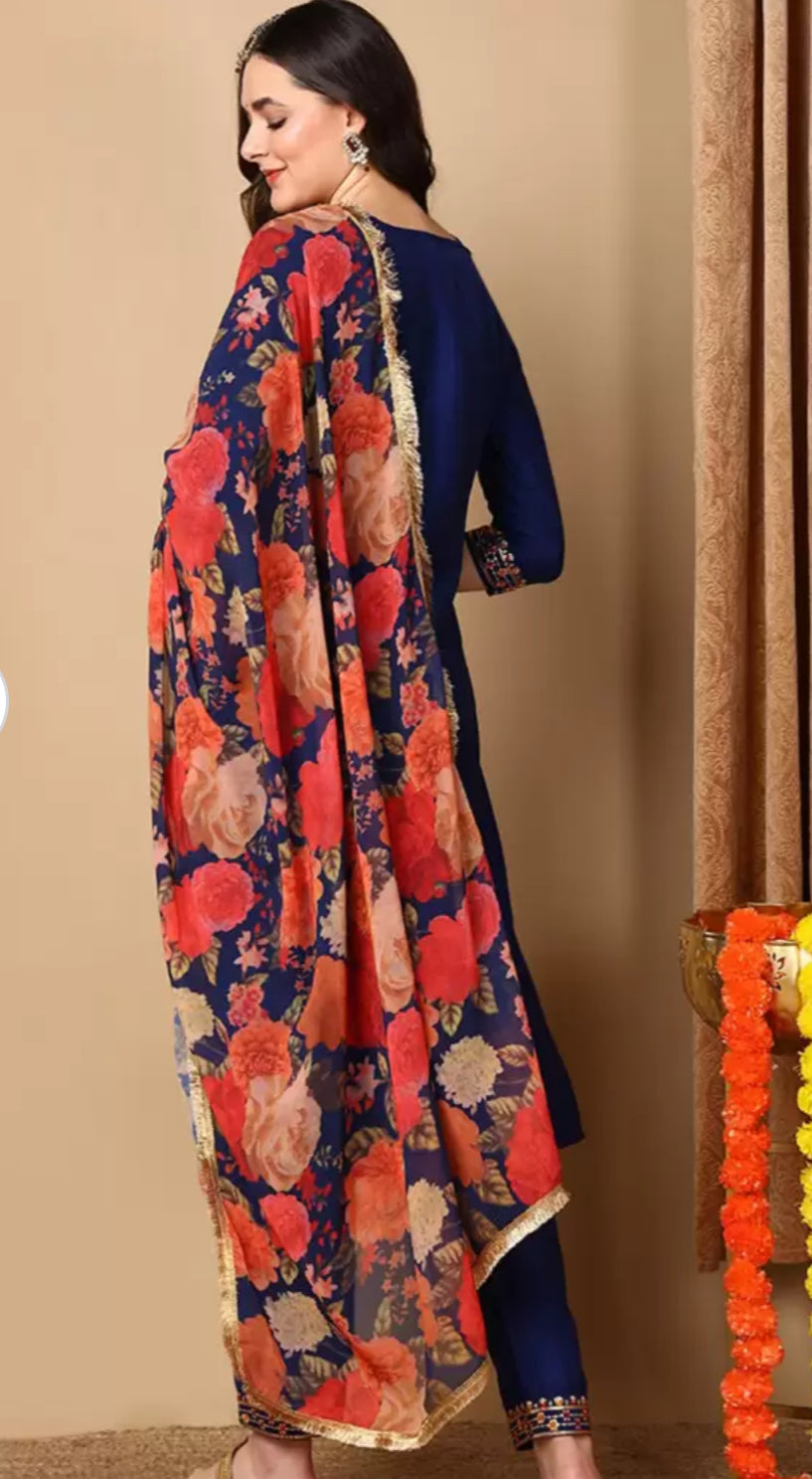 Navy Blue Silk Blend Kurta Set for Diwali/Festive Wear