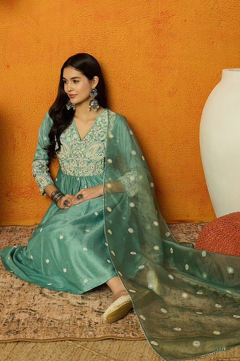 Sea Green Silk Blend Anarkali Suit Set for Diwali/Festive Wear