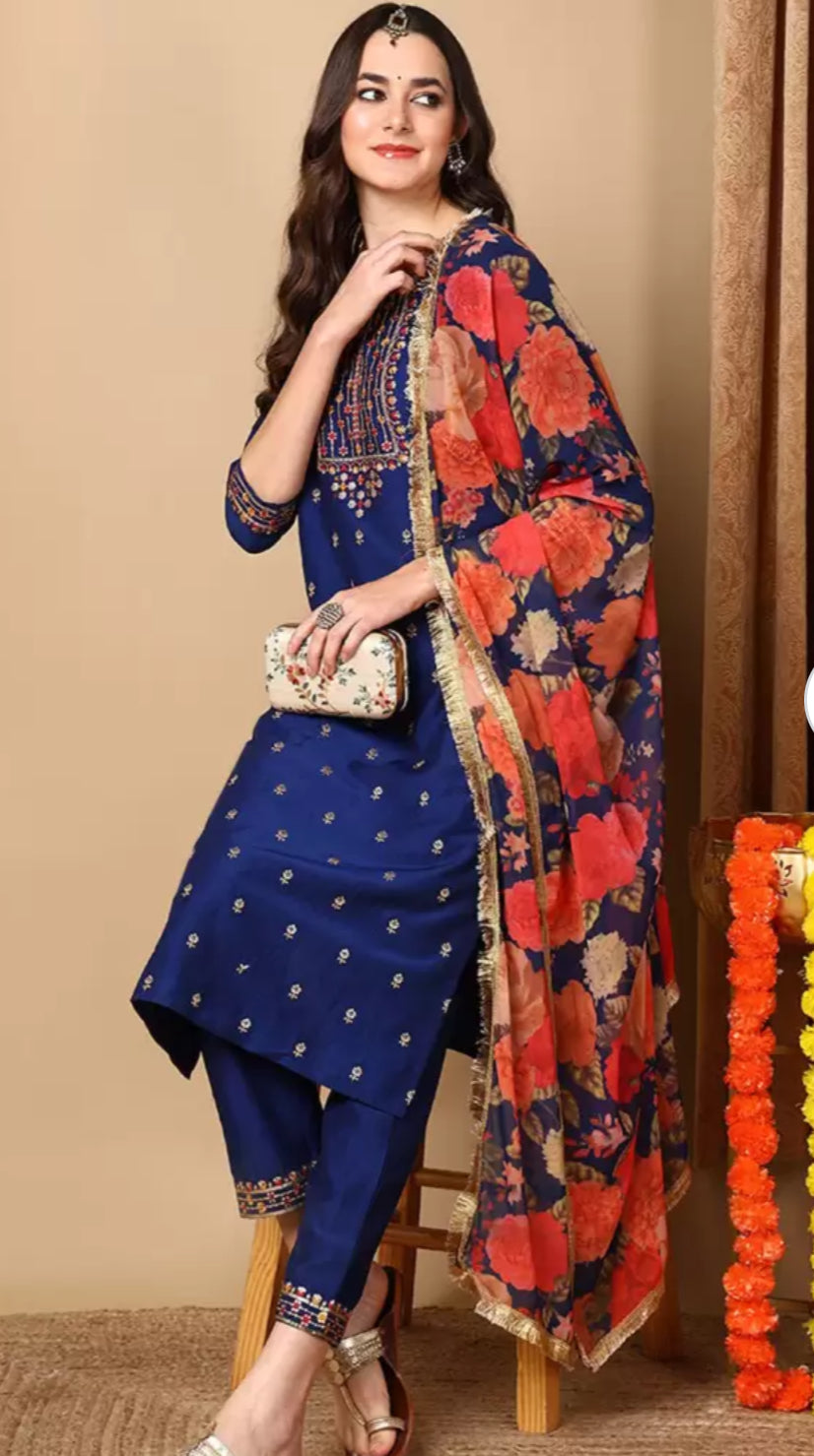 Navy Blue Silk Blend Kurta Set for Diwali/Festive Wear