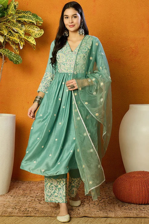 Sea Green Silk Blend Anarkali Suit Set for Diwali/Festive Wear