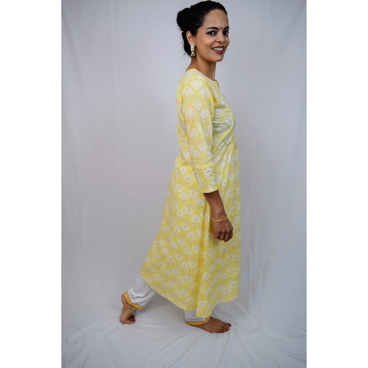 Yellow and White Kurti with Mirror Details