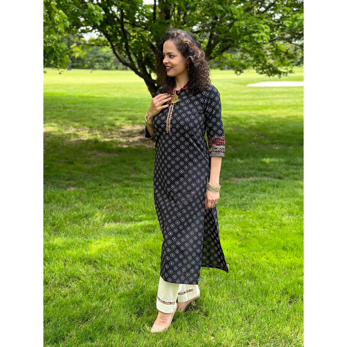 Black and White Cotton Kurta Set with Handwork Embroidery