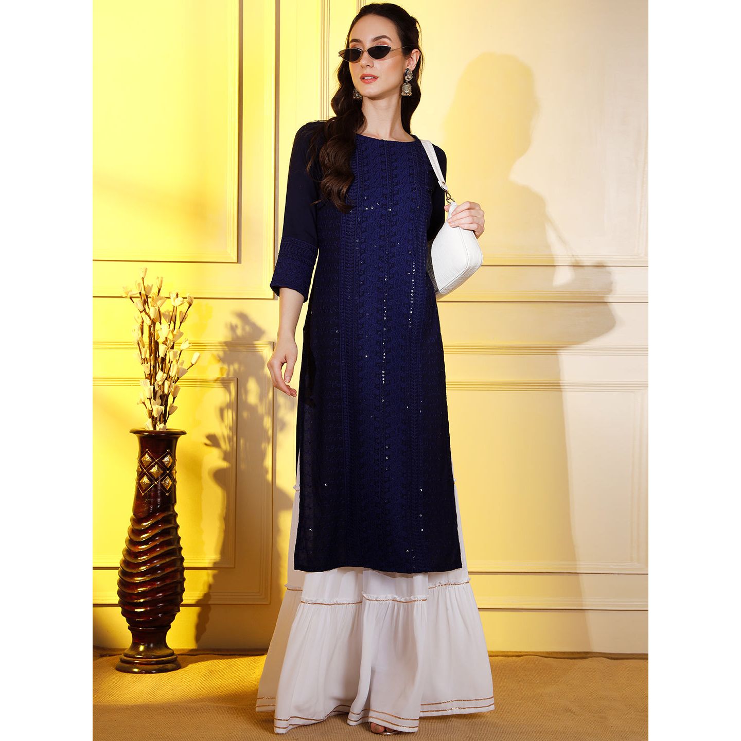 Buy Threaded Affair Women Faux Georgette Royal Blue Chikankari Kurti with  Matching Inner at Amazon.in