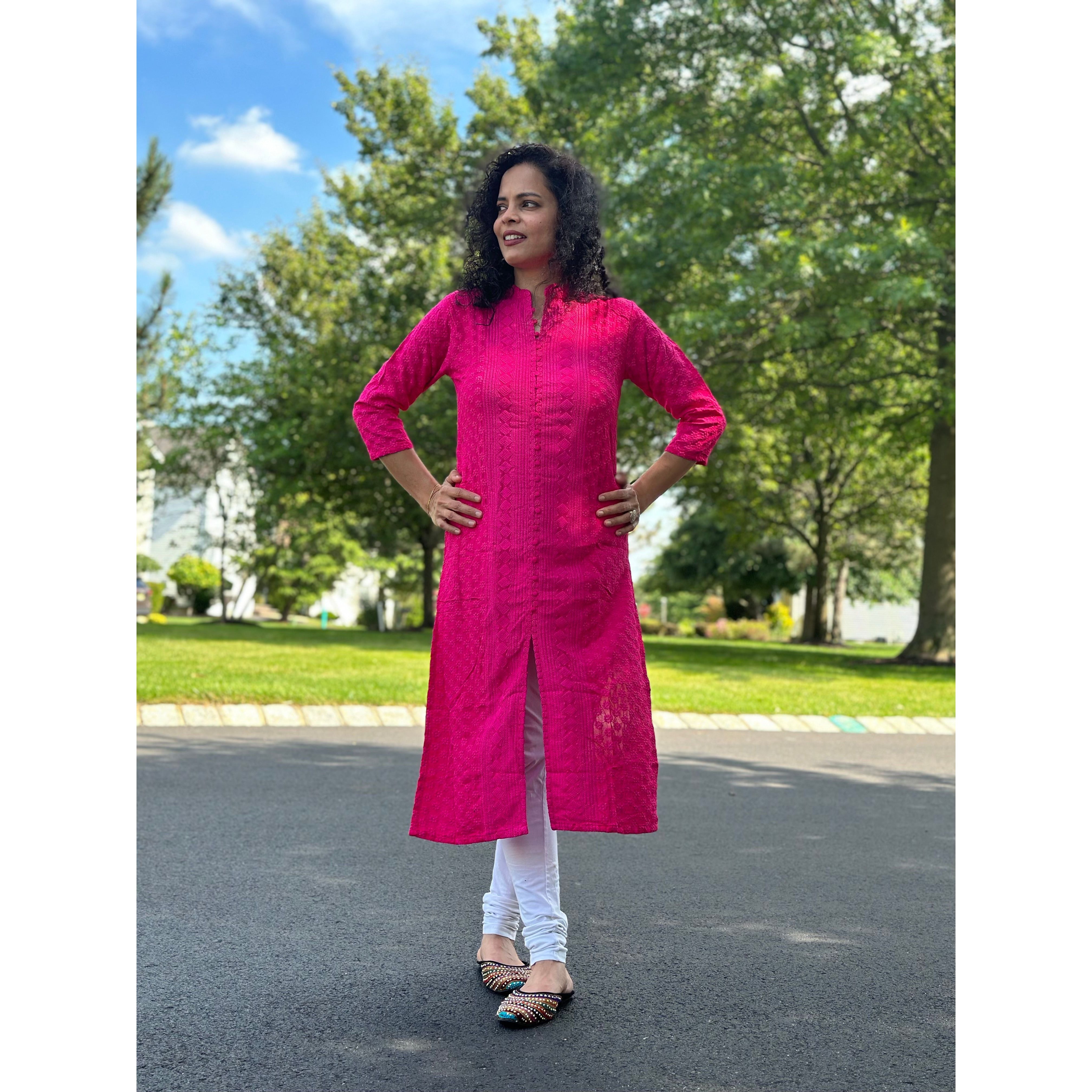 A beautiful pink kurta in butti print paired with classy pencil pants. The  kurta features bell sleeves, v neck and… | Instagram