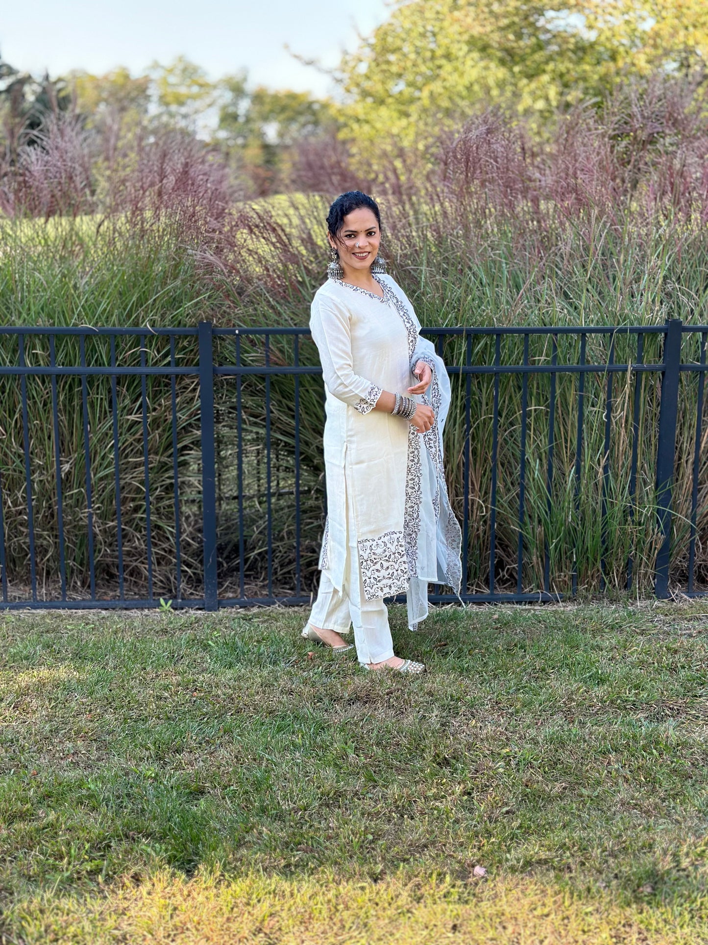 Off White Silk Blend Kurta Set for Diwali/Festive Wear