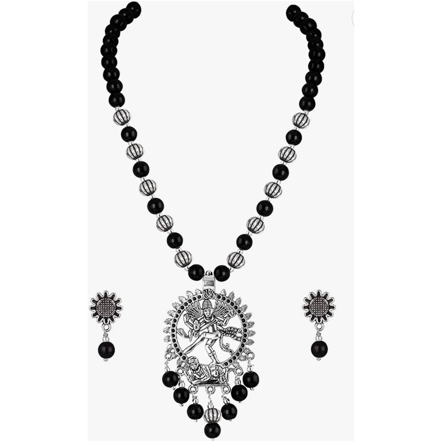 Oxidized Natraja Black Onyx Beaded Necklace Set