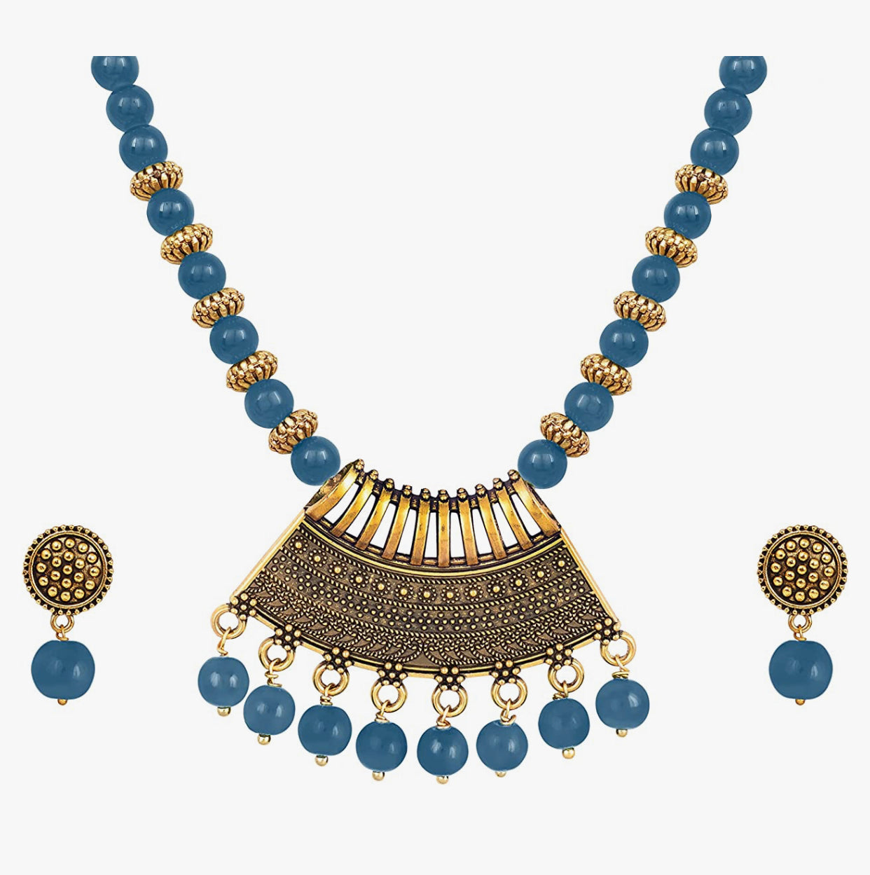 Gold Plated Antique Semi-Circle Pendant Beaded Tribal Necklace Set for Women