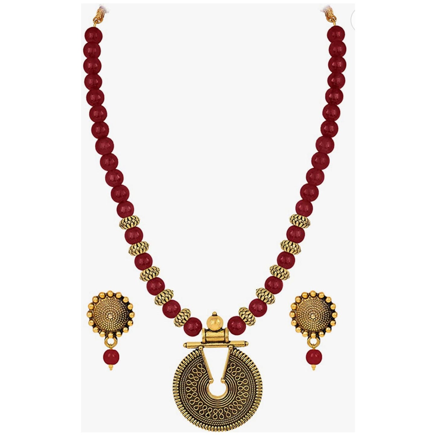 Gold Plated Beaded Necklace Set with Adjustable Thread Closure and Earrings