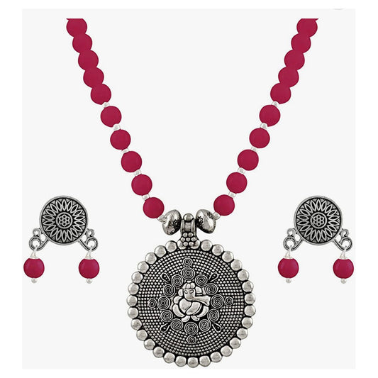 Silver Plated Ganesha Pendant and Stone Bead Necklace Set For Women