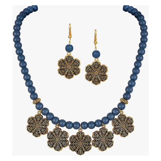 Gold Plated Floral Onyx Stone Necklace Set for Women