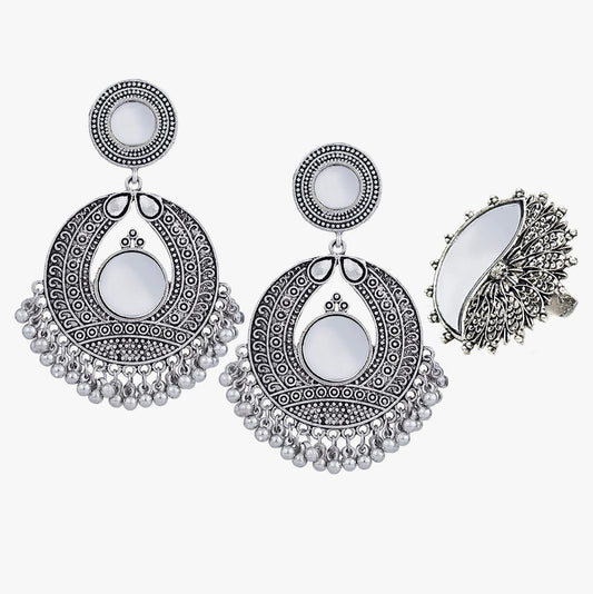 Oxidized Silver Plated Earring with Mirror And Designer Adjustable Ring