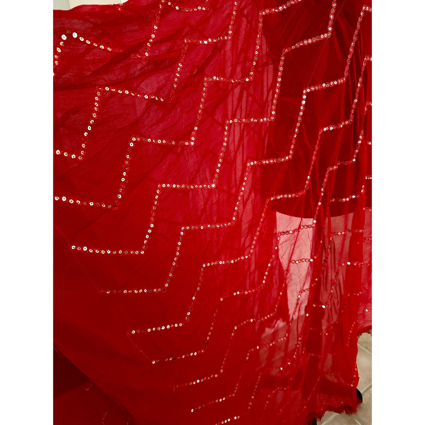 Red Dupatta with Gold Sequins