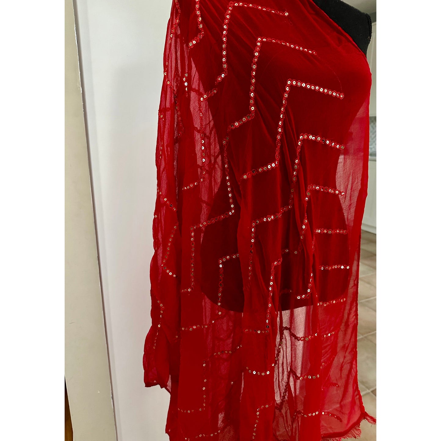 Red Dupatta with Gold Sequins