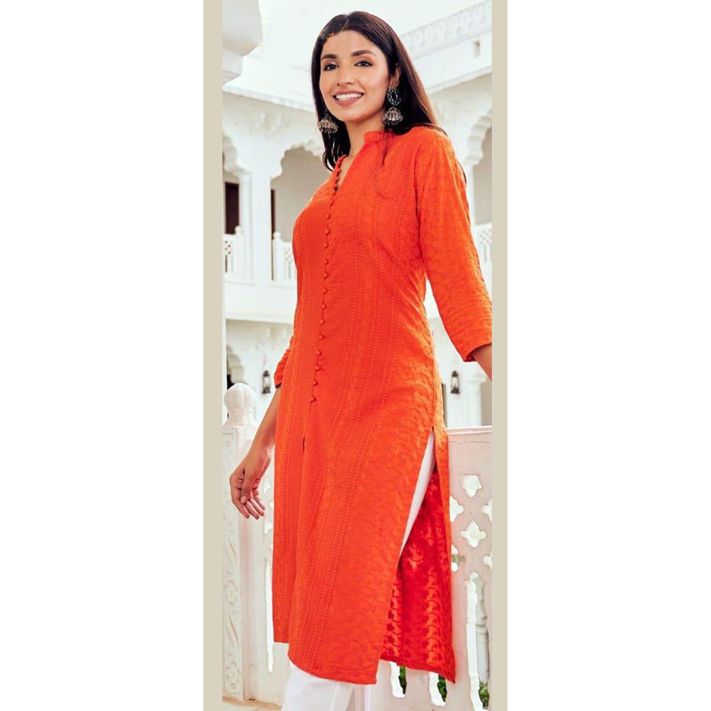 Bright Orange Lakhnavi Kurta/Kurti for Women