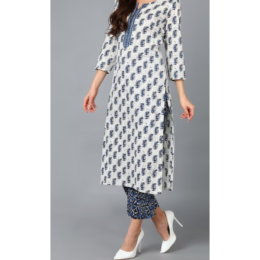Blue and White Kurta Set for Women with Trousers & Dupatta