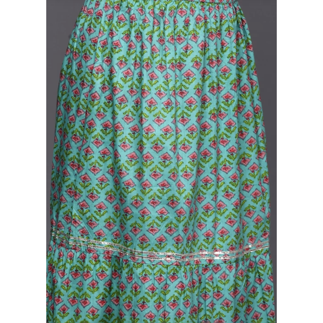 Sea green printed Kurti with Skirt and Dupatta