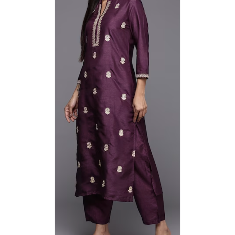 Festive Wear / Party Wear for Women : Purple Floral Embroidered Kurta with Trousers & Dupatta