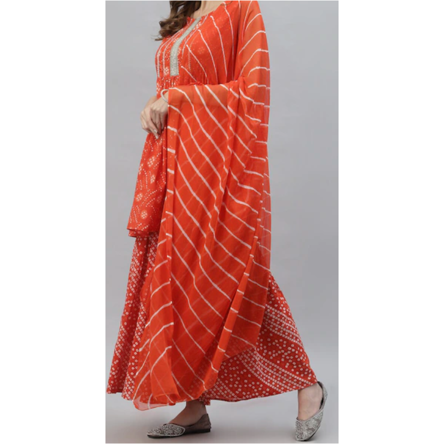 Festive Wear Kurta Sets for Women: Orange Bandhini printed Cotton Kurta Set