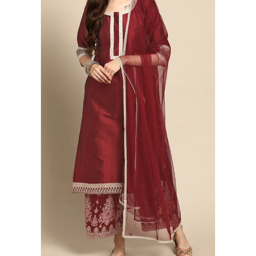 Festive Wear/ Party Wear Maroon Kurta with mirror work, printed trousers and dupatta