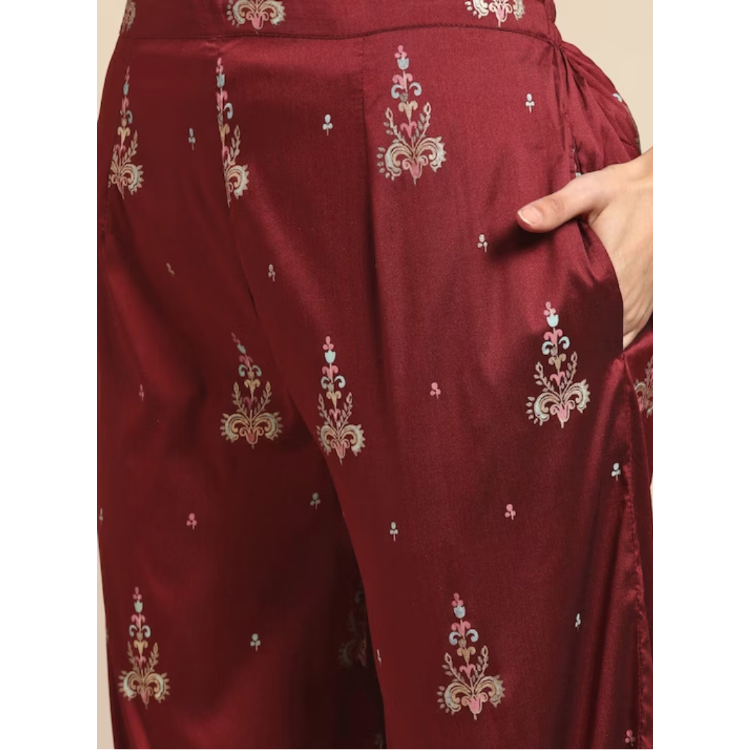 Festive Wear/ Party Wear Maroon Kurta with mirror work, printed trousers and dupatta