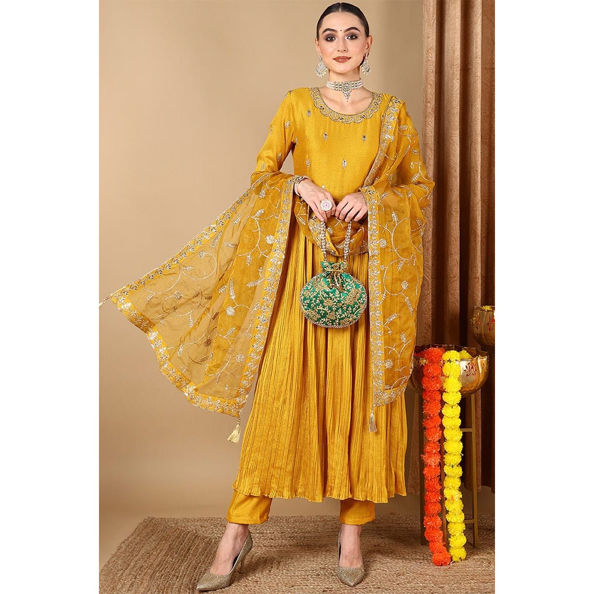 Yellow Silk Blend Festive Wear Anarkali Set