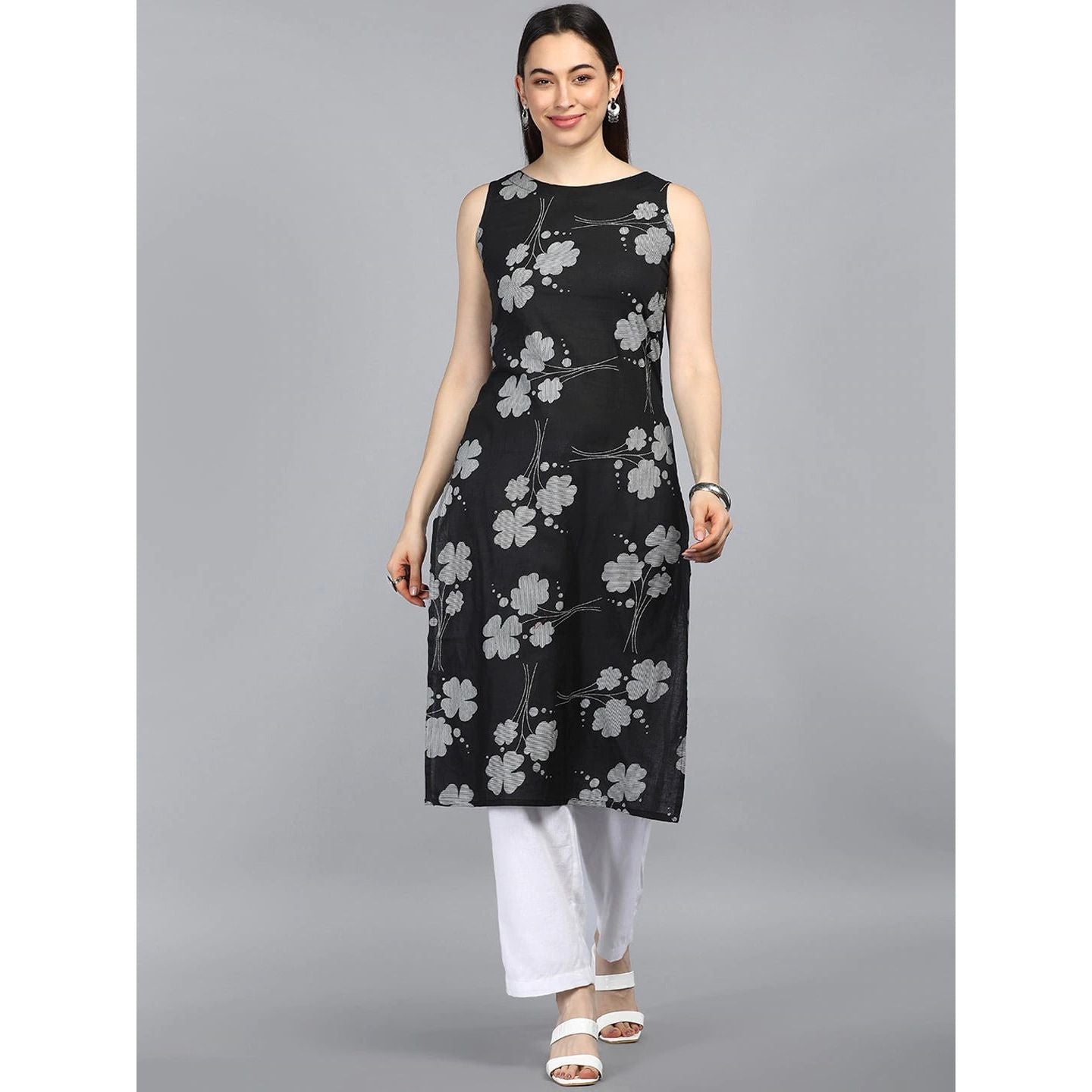 Black Floral Printed Kurta