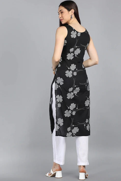 Black Floral Printed Kurta