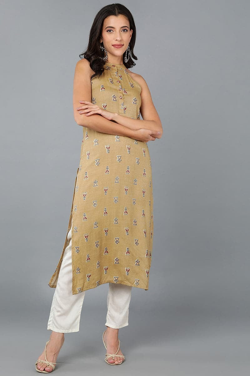 Stylish Mustard Cotton Ethnic Motifs Kurta