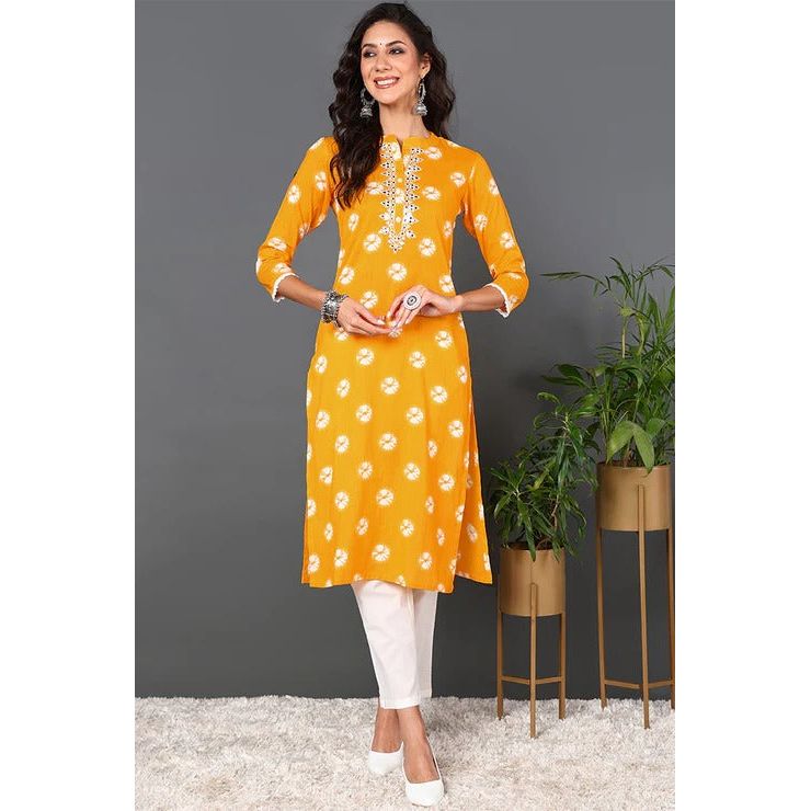 Yellow Cotton Embroidered Ethnic Motifs Straight Kurta