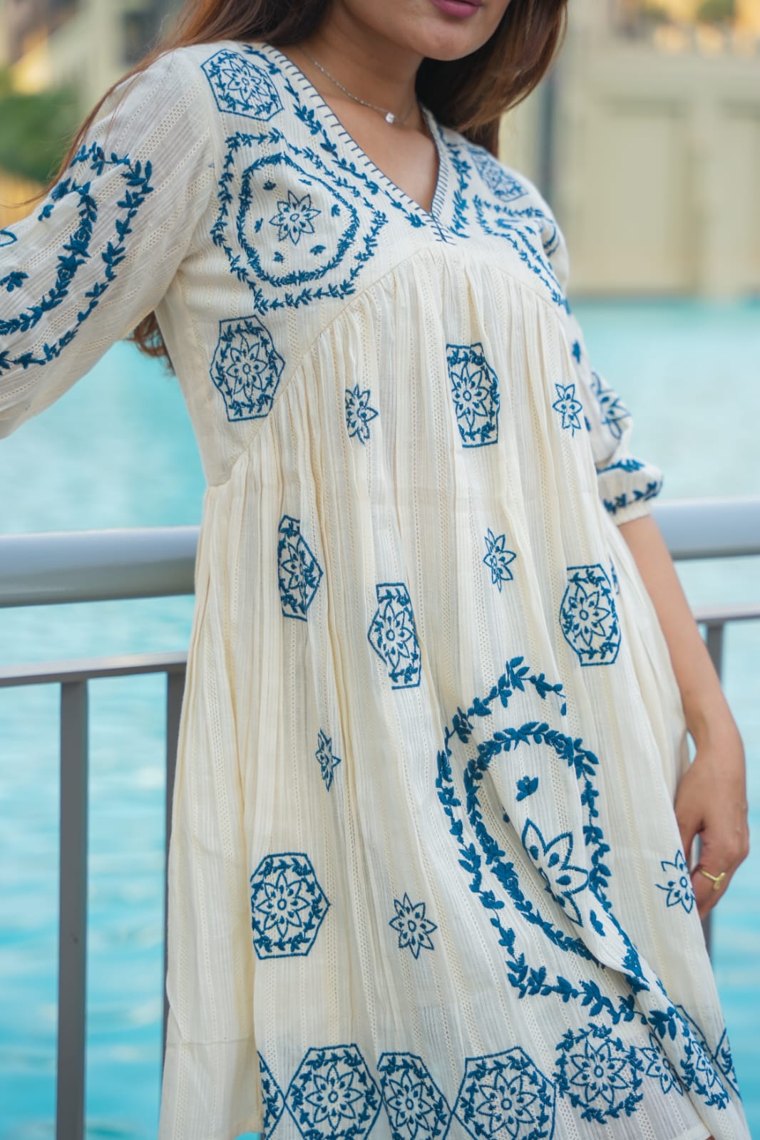 White and Blue Cotton Dress for Women