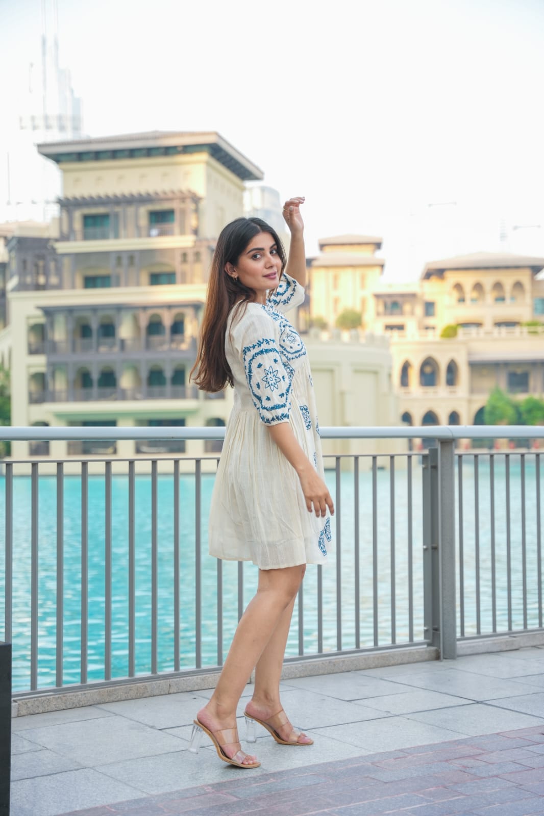 White and Blue Cotton Dress for Women