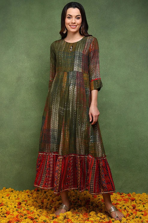 Olive Green Viscose Rayon Abstract Printed A-Line Kurta with Jacket