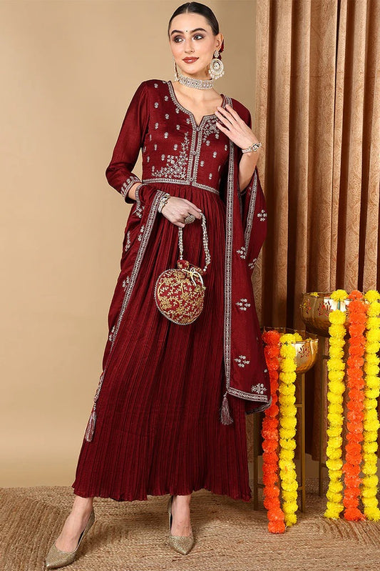 Maroon Silk Blend Embroidered Anarkali Style Suit Set for Diwali/Festive Wear