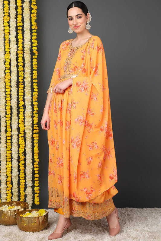 Orange Georgette Floral Printed Flared Suit Set for Diwali/Festive Wear