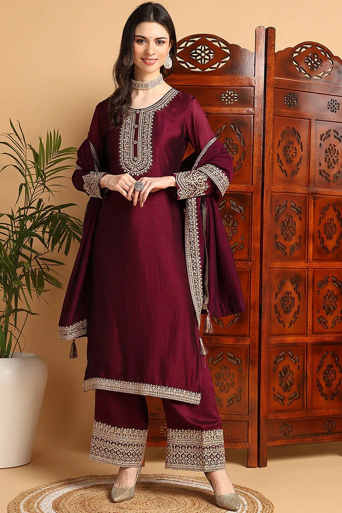 Maroon Silk Blend Suit Set for Diwali/Festive Wear