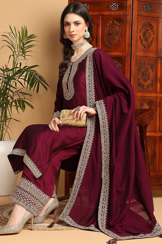 Maroon Silk Blend Suit Set for Diwali/Festive Wear