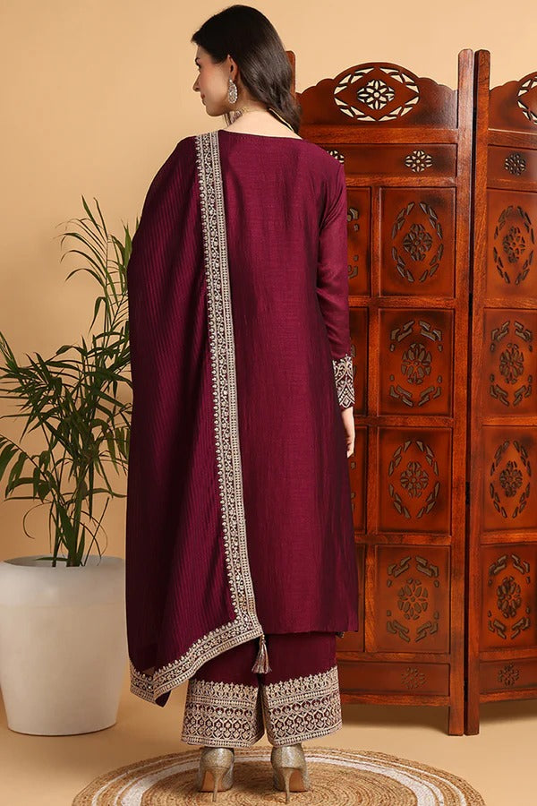 Maroon Silk Blend Suit Set for Diwali/Festive Wear