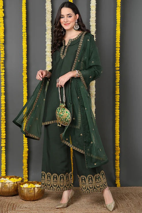 Green Silk Blend Suit Set for Diwali/Festive Wear