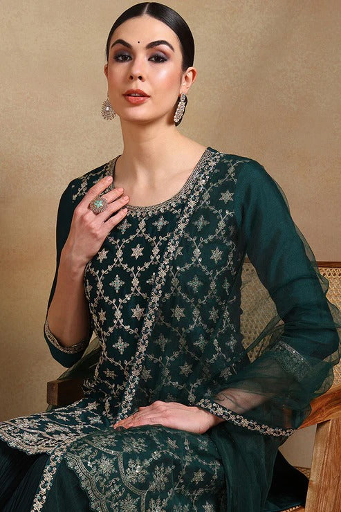 Green Silk Blend Kurta Sharara With Dupatta for Diwali/Festive Wear