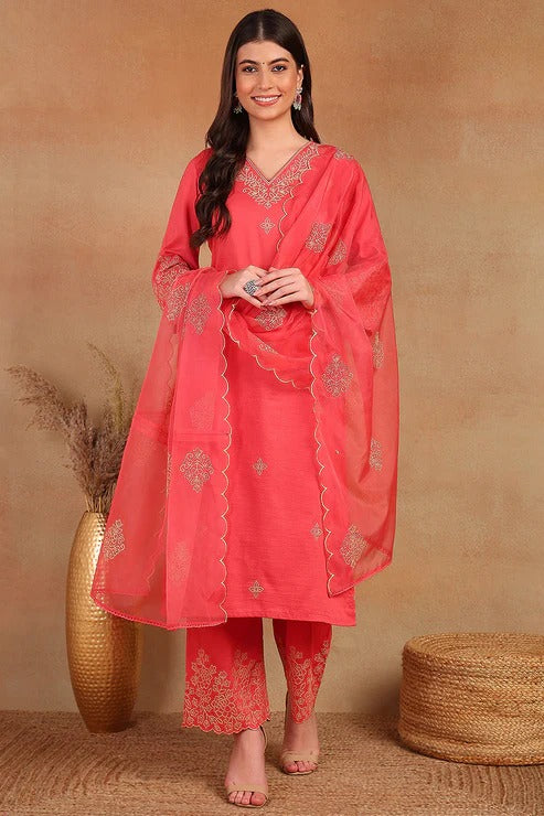 Pink Silk Blend Kurta Set for Diwali/Festive Wear