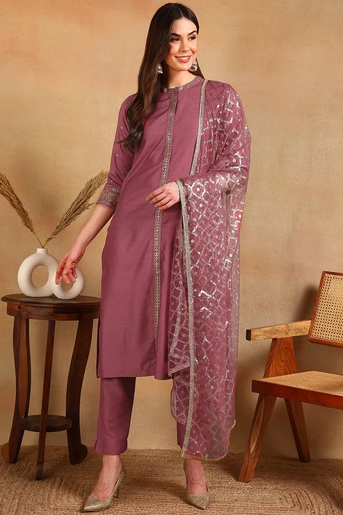 Mauve Pink Silk Blend Embroidered Suit Set for Diwali/Festive Wear