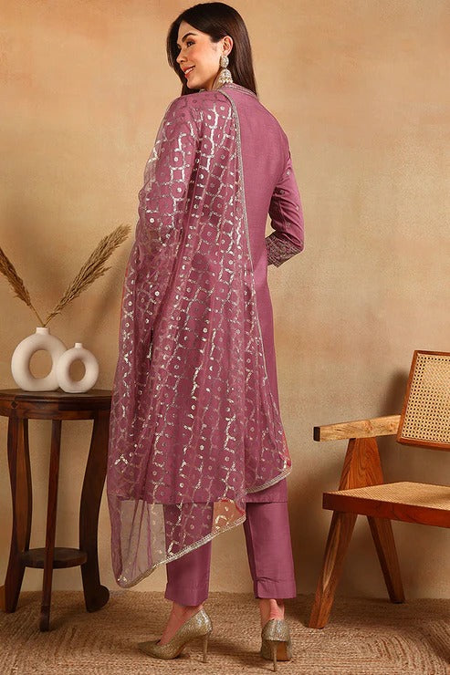 Mauve Pink Silk Blend Embroidered Suit Set for Diwali/Festive Wear