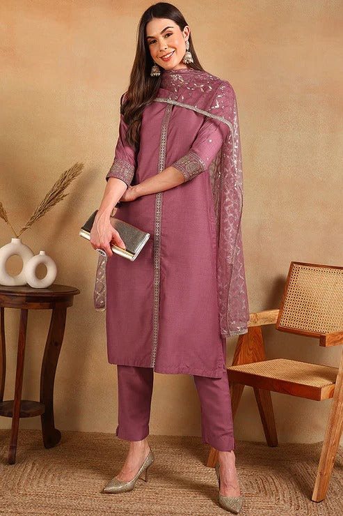 Mauve Pink Silk Blend Embroidered Suit Set for Diwali/Festive Wear