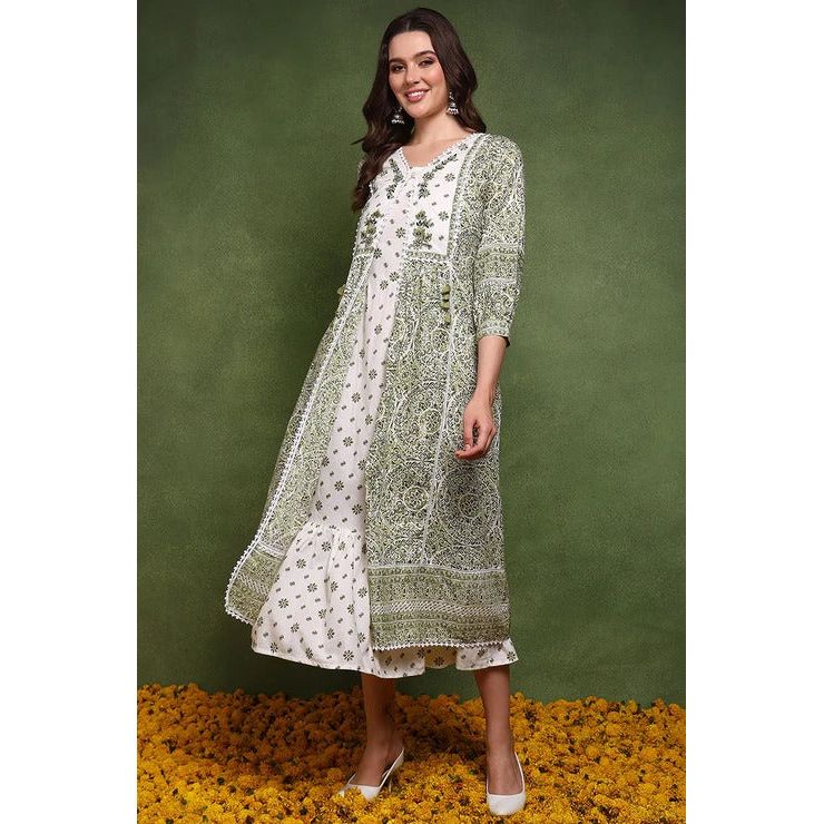 White and Green Cotton Ethnic Motifs Printed Maxi Ethnic Dress With Longline Shrug