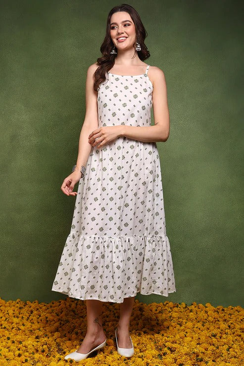 White and Green Cotton Ethnic Motifs Printed Maxi Ethnic Dress With Longline Shrug